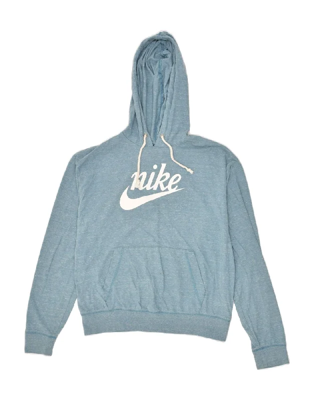 NIKE Womens Graphic Hoodie Jumper UK 14 Medium Blue Flecked Cotton Hoodie with Bell Sleeves Flared Feminine NIKE Womens Graphic Hoodie Jumper UK 14 Medium Blue Flecked Cotton Hoodie with Bell Sleeves Flared Feminine
