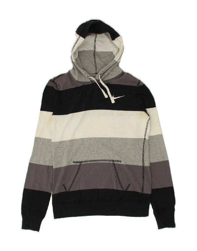 NIKE Womens Hoodie Jumper UK 10 Small Grey Striped Hoodie with Hem Raw Edge Edgy Unfinished NIKE Womens Hoodie Jumper UK 10 Small Grey Striped Hoodie with Hem Raw Edge Edgy Unfinished