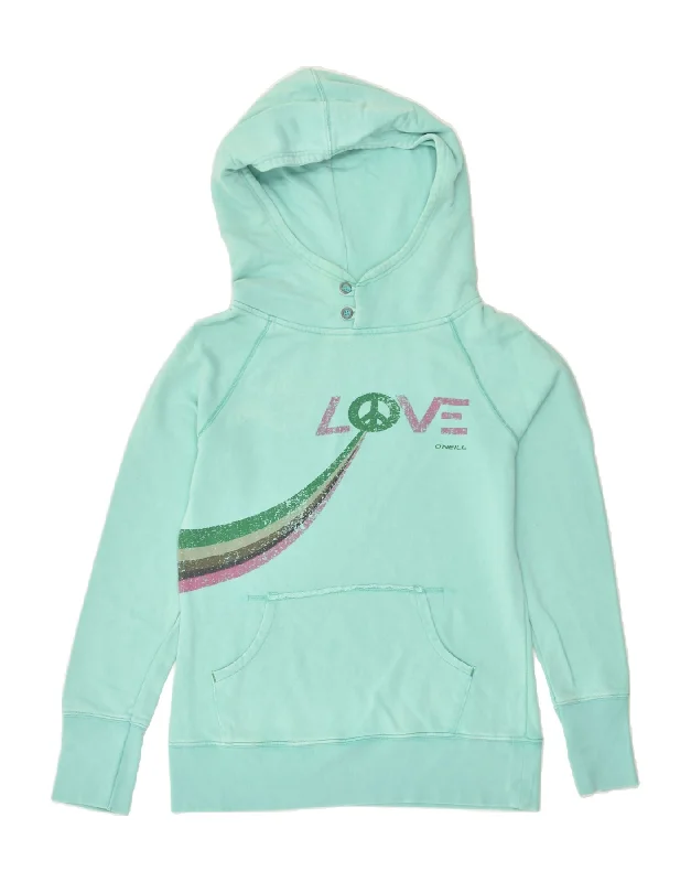 O'NEILL Womens Graphic Hoodie Jumper UK 14 Medium Turquoise Cotton Hoodie with Longline Fit Extended Stylish O'NEILL Womens Graphic Hoodie Jumper UK 14 Medium Turquoise Cotton Hoodie with Longline Fit Extended Stylish