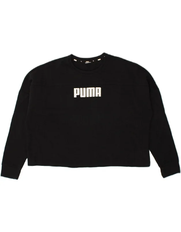 PUMA Womens Crop Graphic Sweatshirt Jumper UK 14 Medium Black Hoodie with Slit Hem Functional Movement