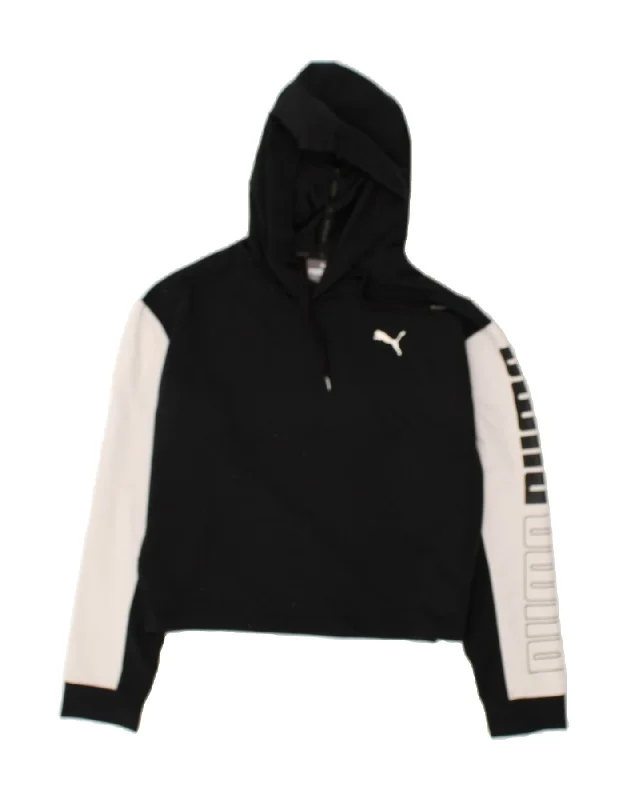 PUMA Womens Graphic Crop Hoodie Jumper UK 10 Small Black Colourblock Hoodie with Raglan Sleeves Sporty Comfortable PUMA Womens Graphic Crop Hoodie Jumper UK 10 Small Black Colourblock Hoodie with Raglan Sleeves Sporty Comfortable