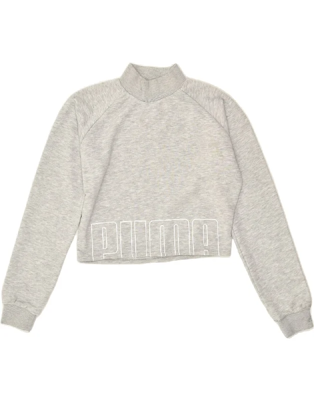 PUMA Womens Graphic Crop Sweatshirt Jumper UK 10 Small Grey Cotton Hoodie with Typography Text Message PUMA Womens Graphic Crop Sweatshirt Jumper UK 10 Small Grey Cotton Hoodie with Typography Text Message