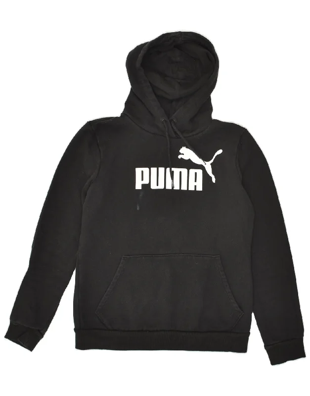 PUMA Womens Graphic Hoodie Jumper UK 10 Small Black Cotton Hoodie with Stripes Bold Sporty