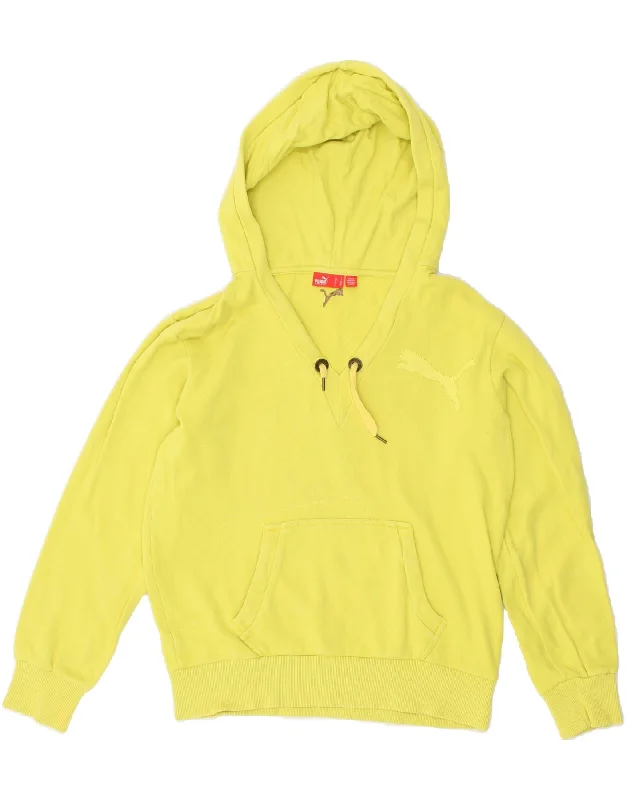 PUMA Womens Graphic Hoodie Jumper UK 10 Small Yellow Hoodie with Front Slit Layering Stylish PUMA Womens Graphic Hoodie Jumper UK 10 Small Yellow Hoodie with Front Slit Layering Stylish