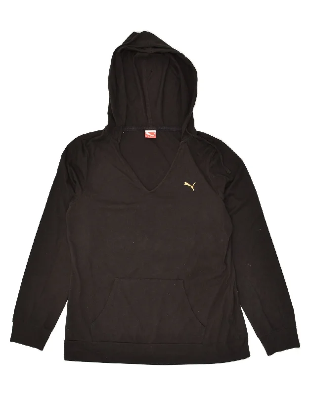 PUMA Womens Graphic Hoodie Jumper UK 12 Medium Black Polyester Hoodie with Raw Hem Edgy Unfinished PUMA Womens Graphic Hoodie Jumper UK 12 Medium Black Polyester Hoodie with Raw Hem Edgy Unfinished