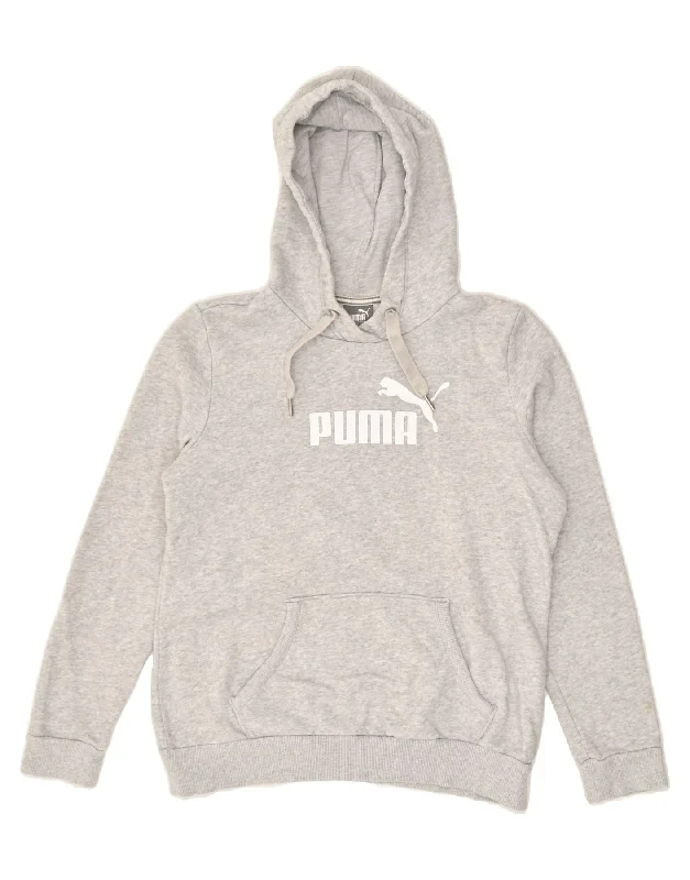 PUMA Womens Graphic Hoodie Jumper UK 12 Medium Grey Cotton Hoodie with Hem Embroidery Detailed Premium PUMA Womens Graphic Hoodie Jumper UK 12 Medium Grey Cotton Hoodie with Hem Embroidery Detailed Premium