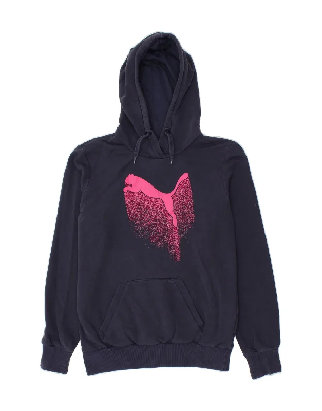 PUMA Womens Graphic Hoodie Jumper UK 12 Medium Navy Blue Cotton Hoodie with Hem Frayed Vintage Worn PUMA Womens Graphic Hoodie Jumper UK 12 Medium Navy Blue Cotton Hoodie with Hem Frayed Vintage Worn