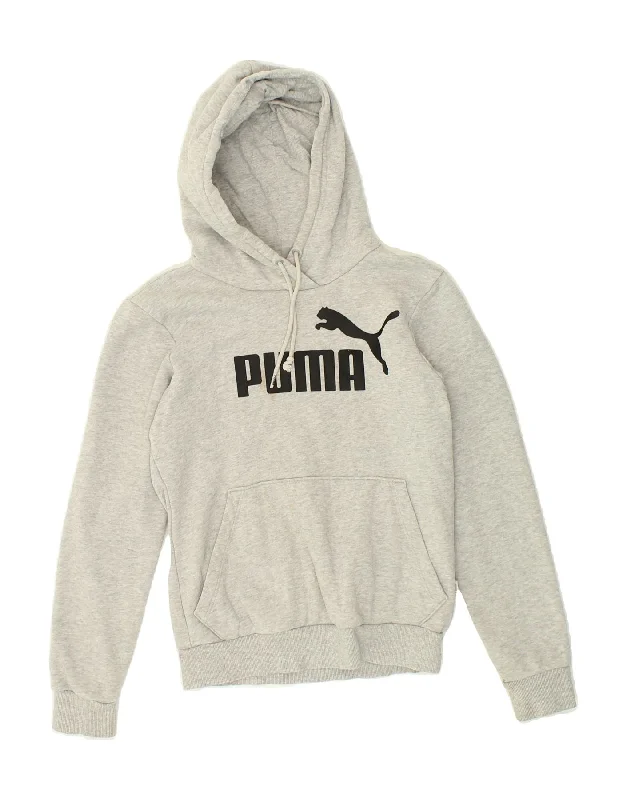 PUMA Womens Graphic Hoodie Jumper UK 8 Small Grey Cotton Hoodie with Raw Hem Edgy Unfinished PUMA Womens Graphic Hoodie Jumper UK 8 Small Grey Cotton Hoodie with Raw Hem Edgy Unfinished