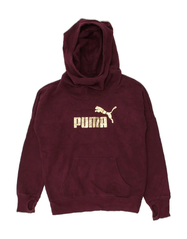PUMA Womens Graphic Hoodie Jumper UK 8 Small Maroon Cotton Hoodie with Back Slit Movement Comfort PUMA Womens Graphic Hoodie Jumper UK 8 Small Maroon Cotton Hoodie with Back Slit Movement Comfort