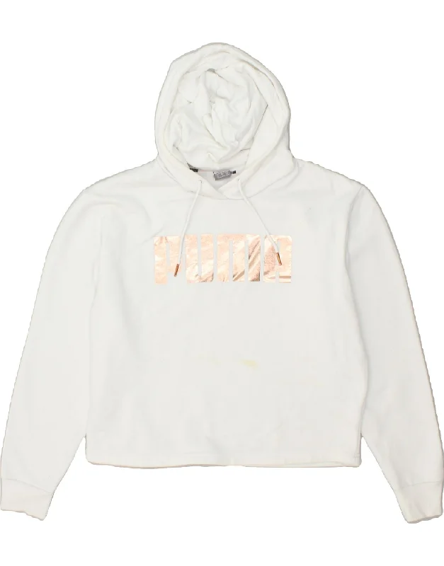 PUMA Womens Oversized Graphic Hoodie Jumper UK 12 Medium White Cotton Hoodie with Embroidery Detailed Premium PUMA Womens Oversized Graphic Hoodie Jumper UK 12 Medium White Cotton Hoodie with Embroidery Detailed Premium
