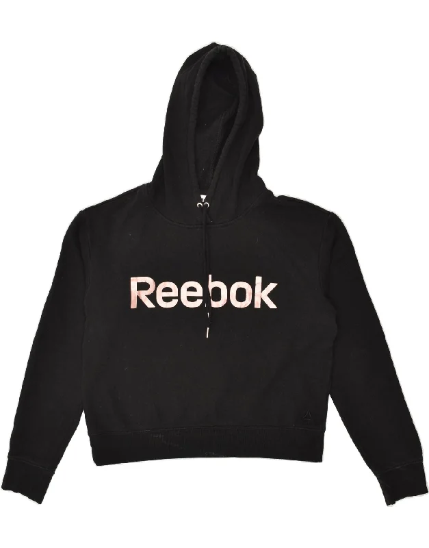 REEBOK Womens Graphic Hoodie Jumper UK 20 2XL Black Cotton Hoodie with Hem Drawcord Adjustable Customizable REEBOK Womens Graphic Hoodie Jumper UK 20 2XL Black Cotton Hoodie with Hem Drawcord Adjustable Customizable