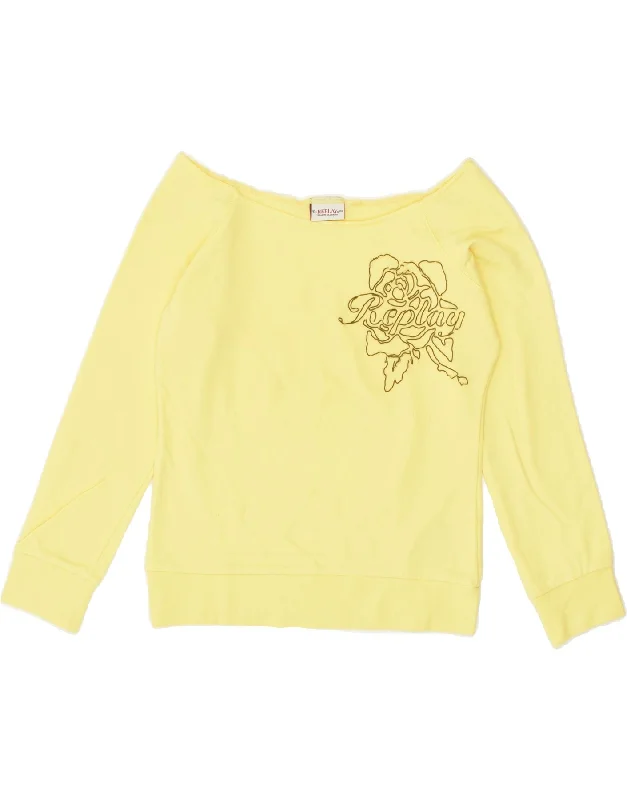 REPLAY Womens Graphic Sweatshirt Jumper UK 12 Medium Yellow Cotton Hoodie Dress Longline Feminine REPLAY Womens Graphic Sweatshirt Jumper UK 12 Medium Yellow Cotton Hoodie Dress Longline Feminine