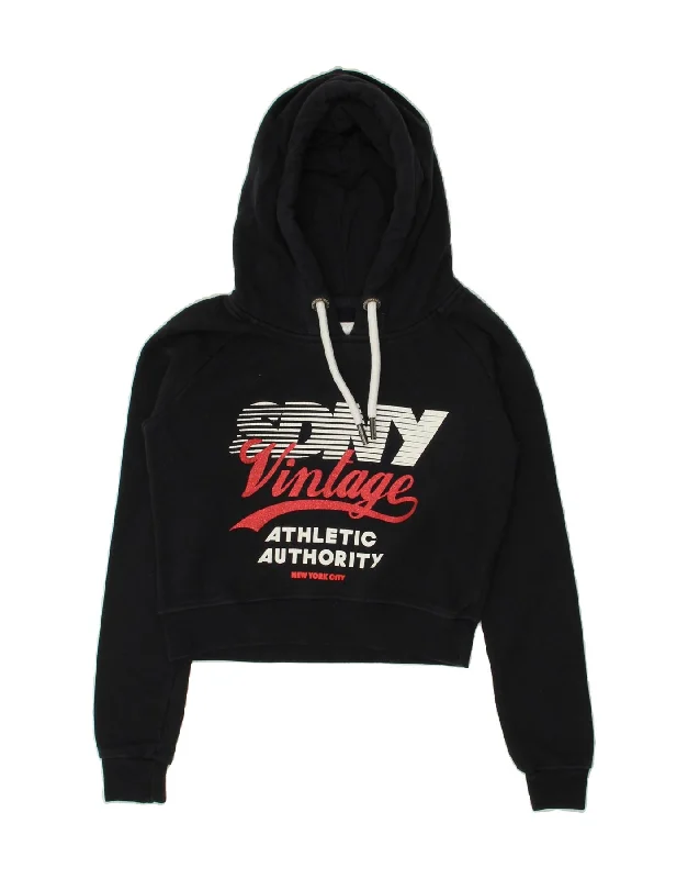 SUPERDRY Womens Crop Graphic Hoodie Jumper UK 8 Small Navy Blue Cotton Hoodie with Longline Fit Extended Stylish SUPERDRY Womens Crop Graphic Hoodie Jumper UK 8 Small Navy Blue Cotton Hoodie with Longline Fit Extended Stylish