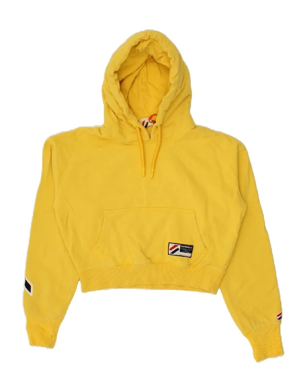 SUPERDRY Womens Crop Graphic Hoodie Jumper UK 8 Small Yellow Cotton Hoodie with Cropped Fit Short Trendy SUPERDRY Womens Crop Graphic Hoodie Jumper UK 8 Small Yellow Cotton Hoodie with Cropped Fit Short Trendy