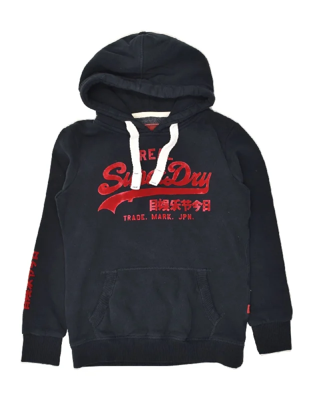 SUPERDRY Womens Graphic Hoodie Jumper UK 10 Small Navy Blue Cotton Hoodie with Rhinestones Sparkly Elegant SUPERDRY Womens Graphic Hoodie Jumper UK 10 Small Navy Blue Cotton Hoodie with Rhinestones Sparkly Elegant