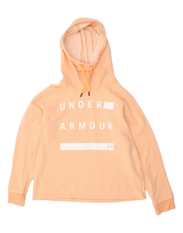 UNDER ARMOUR Womens Graphic Hoodie Jumper UK 16 Large Orange Cotton Hoodie with Stripes Bold Sporty UNDER ARMOUR Womens Graphic Hoodie Jumper UK 16 Large Orange Cotton Hoodie with Stripes Bold Sporty