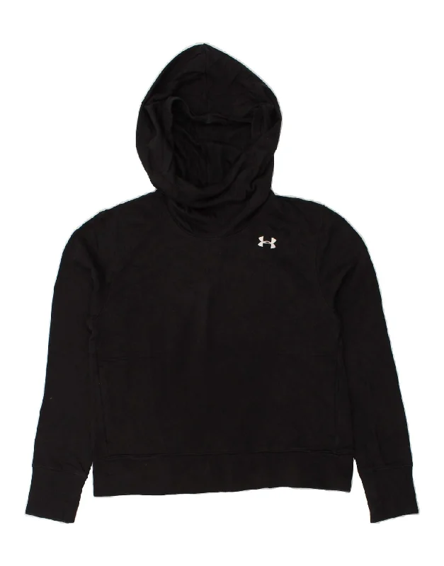 UNDER ARMOUR Womens Hoodie Jumper UK 10 Small Black Cotton Hoodie with Hem Applique Textured Unique UNDER ARMOUR Womens Hoodie Jumper UK 10 Small Black Cotton Hoodie with Hem Applique Textured Unique