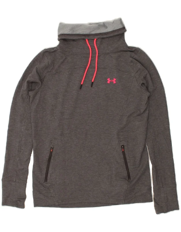 UNDER ARMOUR Womens Roll Neck Sweatshirt Jumper UK 14 Medium Grey Hoodie with Neon Bright Vibrant