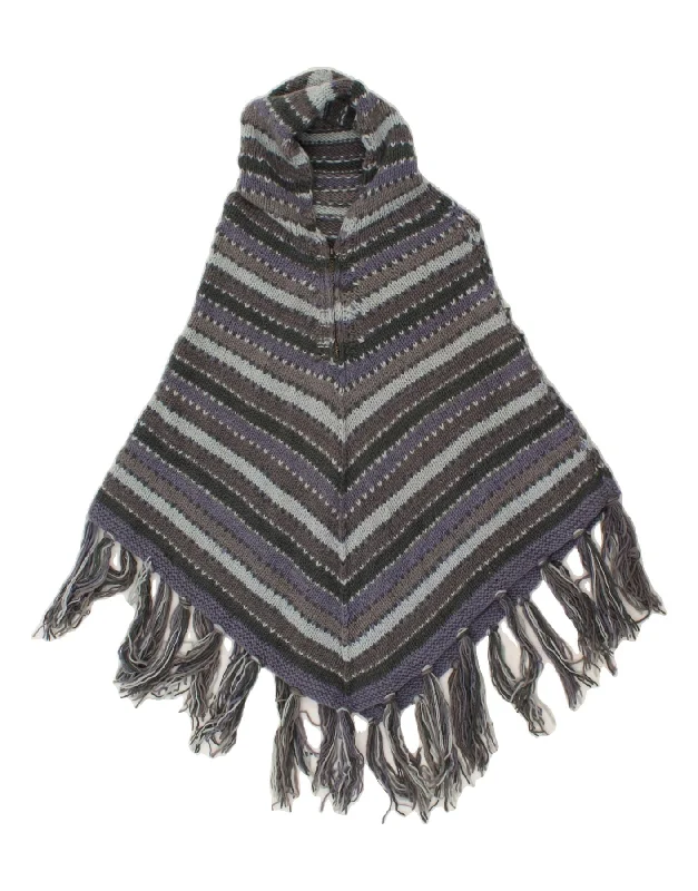 VINTAGE Womens Hooded Poncho Jumper One size Grey Striped Wool Hoodie with Hood Adjustable Protection VINTAGE Womens Hooded Poncho Jumper One size Grey Striped Wool Hoodie with Hood Adjustable Protection