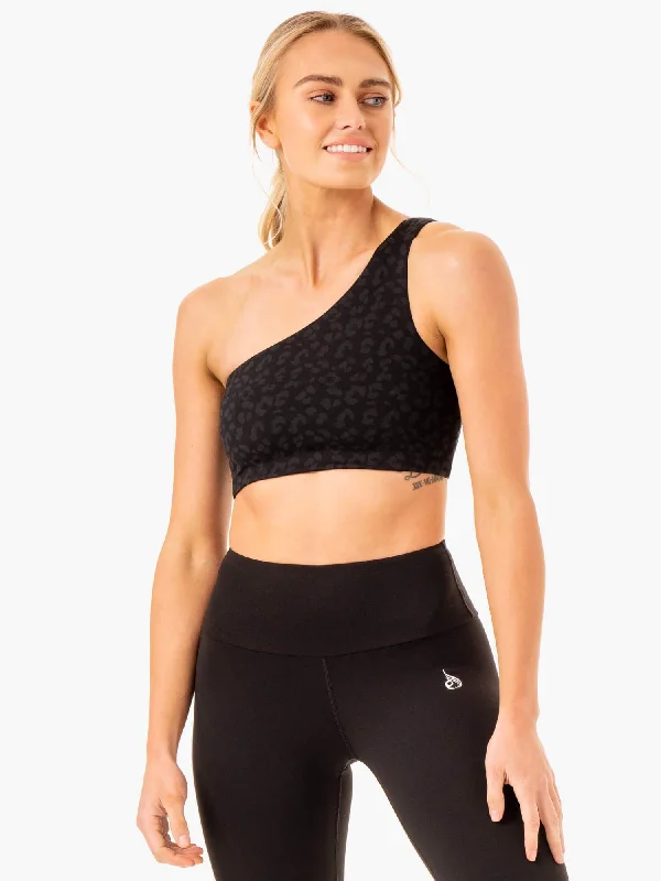 Adapt One Shoulder Sports Bra - Black Leopard Sexy Mesh Bralette