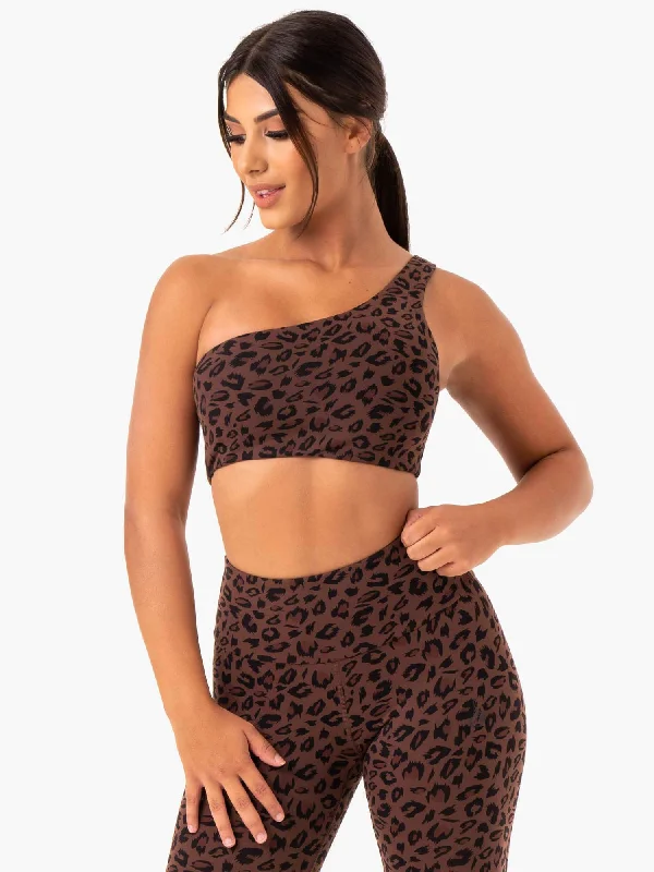 Adapt One Shoulder Sports Bra - Chocolate Leopard Sporty Compression Bra