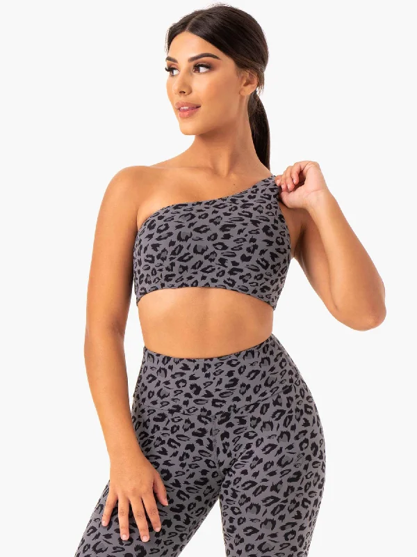 Adapt One Shoulder Sports Bra - Grey Leopard Stretchy Wireless Bra