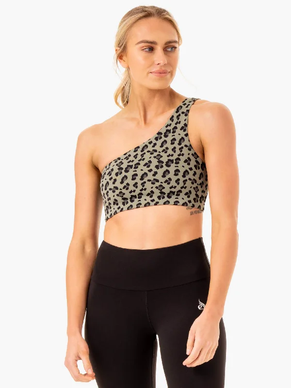 Adapt One Shoulder Sports Bra - Khaki Leopard Simple Wireless Bra