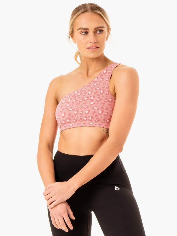 Adapt One Shoulder Sports Bra - Pink Leopard Comfortable Lounge Bra