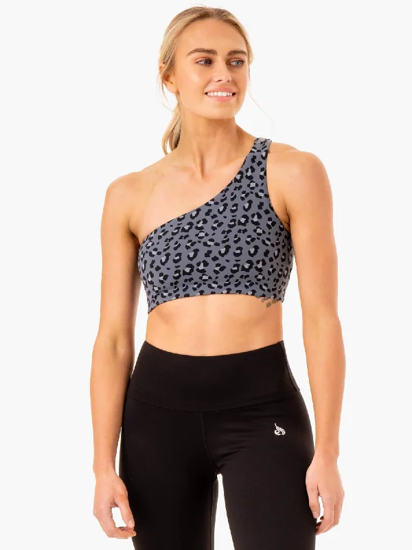 Adapt One Shoulder Sports Bra - Steel Blue Leopard Breathable Full Coverage