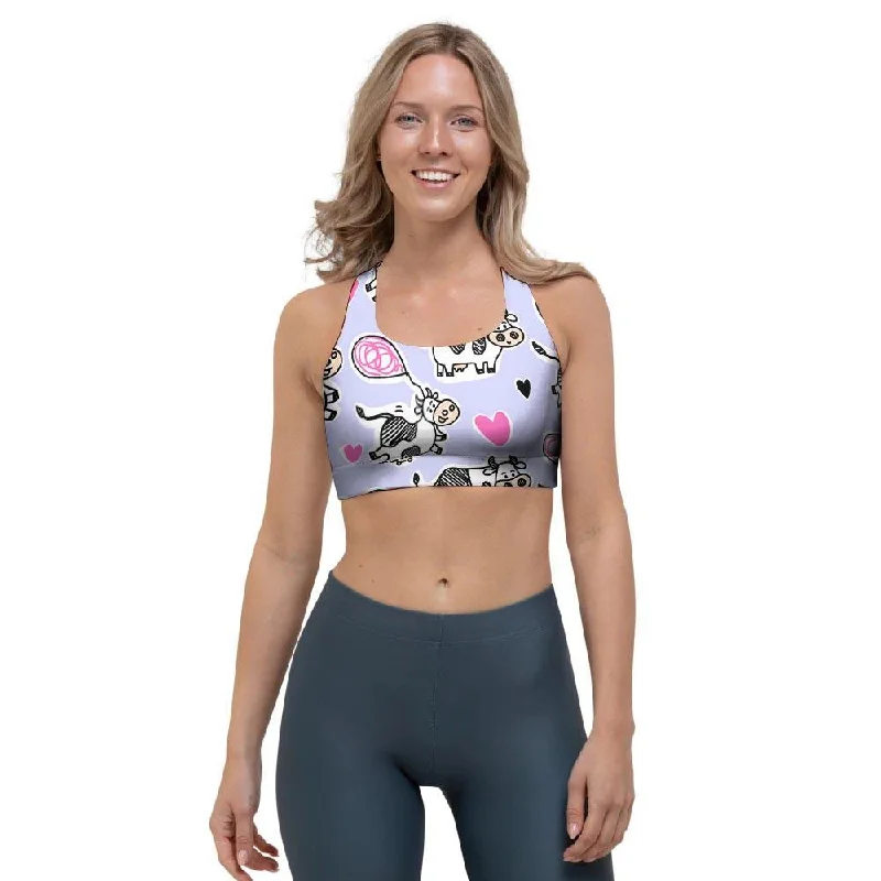 Cow Doodle Print Sports Bra Stylish Lace Bralette
