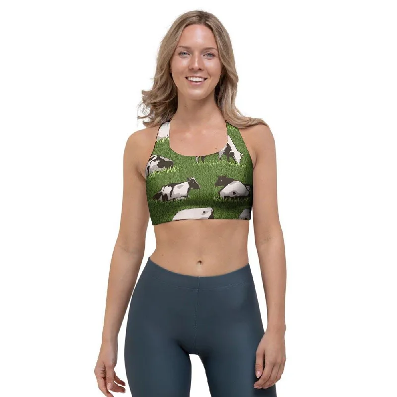 Cow In Grass Print Sports Bra Daily Comfort Bra