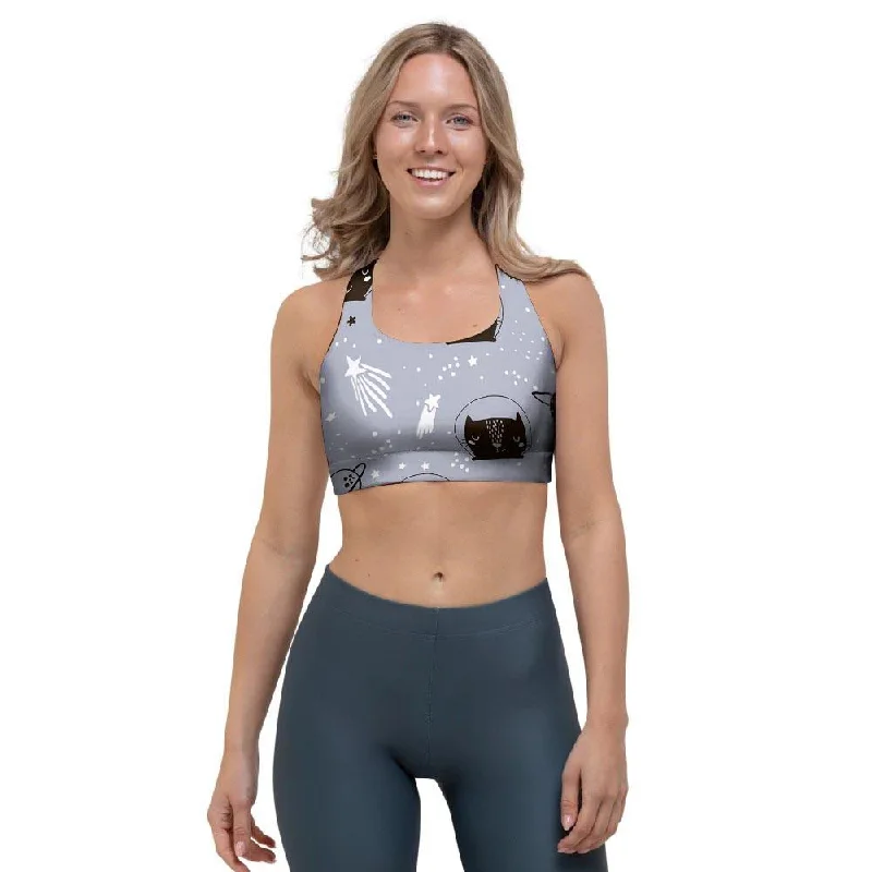 Cute Astronaut Cat Print Sports Bra Elegant Silk Bra