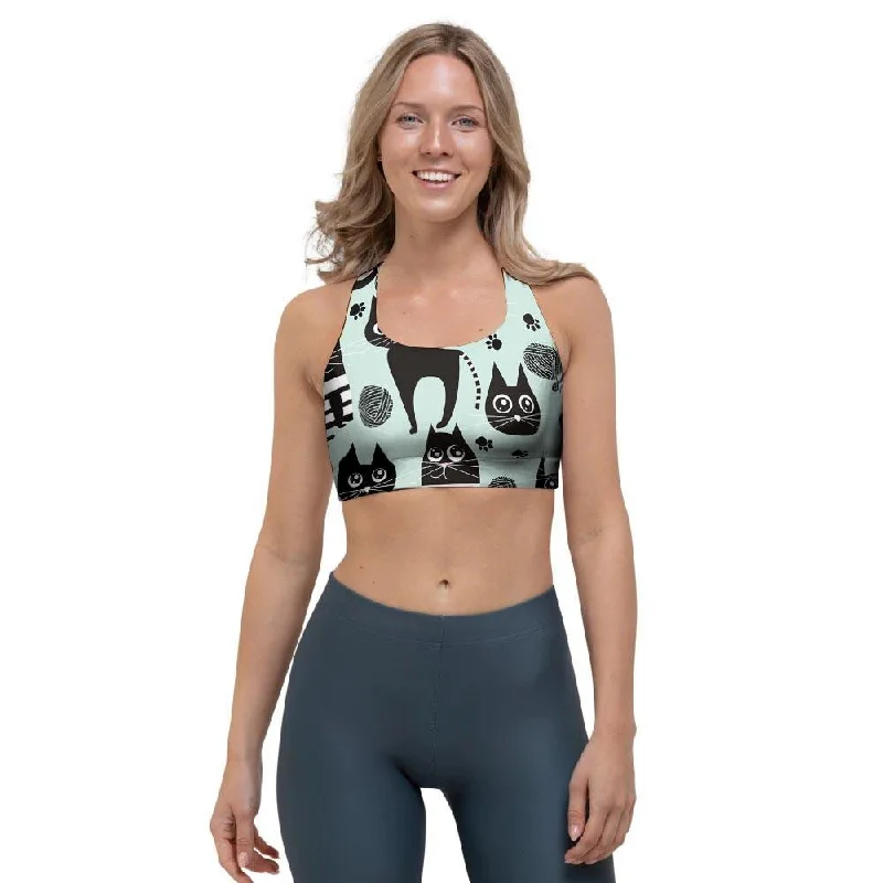 Cute Black Cat Print Sports Bra Soft Support Bra
