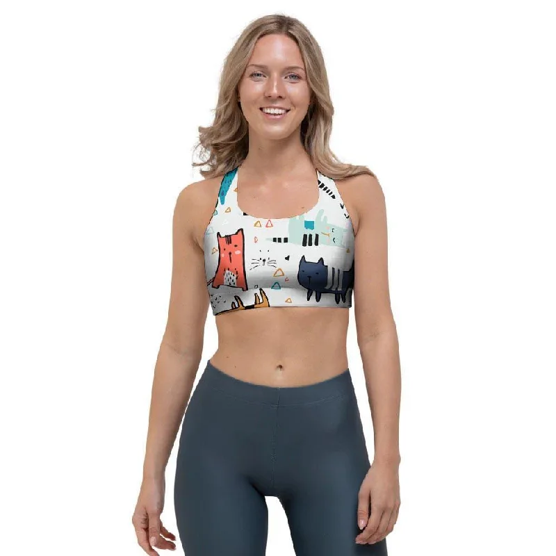 Cute Cartoon Doodle Cat Print Sports Bra Lace-Trimmed Bra