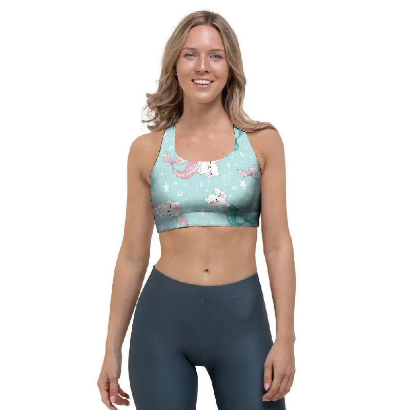Cute Cat Mermaid Print Sports Bra Cotton Comfort Bra