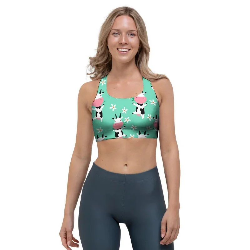 Cute Cow Floral Print Sports Bra Comfortable Lounge Bra