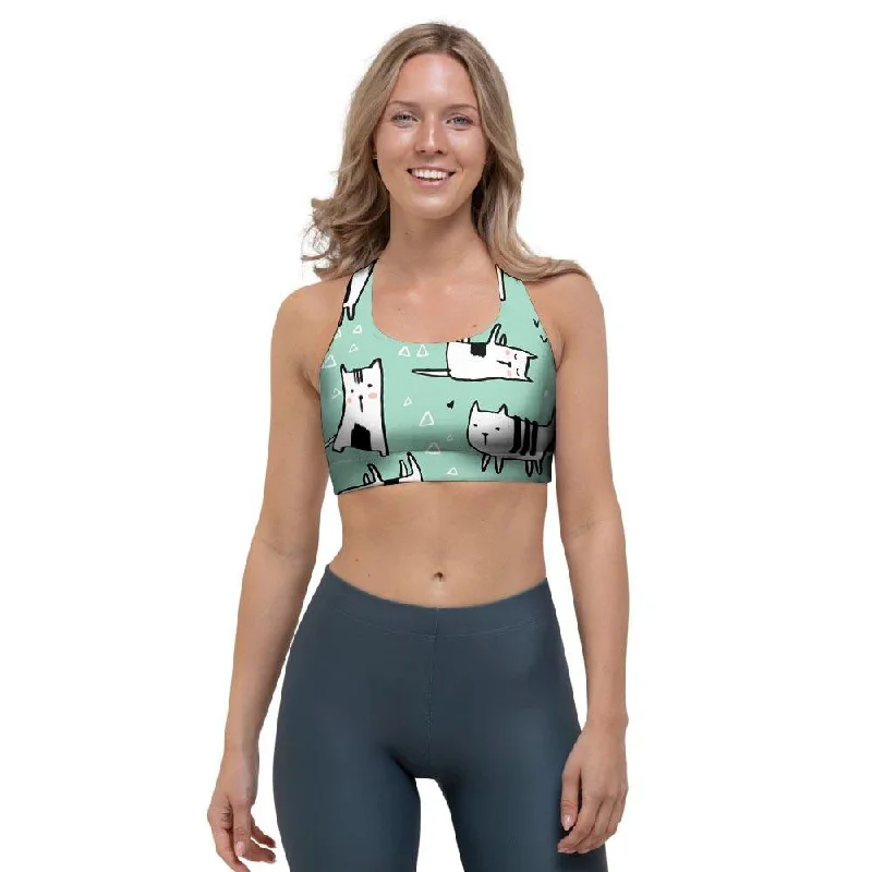 Cute Green Doodle Cat Print Sports Bra Elegant Silk Bra