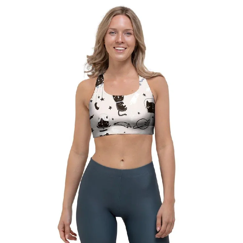 Cute Meow Astronaut Cat Print Sports Bra Soft Support Bra