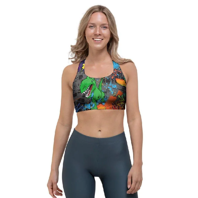 Dinosaur T-rex Graffiti Print Sports Bra Comfortable Fit Bralette