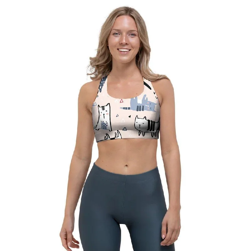 Doodle Cat Print Sports Bra Breathable Wireless Bra