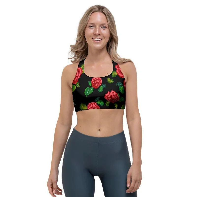 Embroidery Red Rose Floral Print Sports Bra Breathable Full Coverage