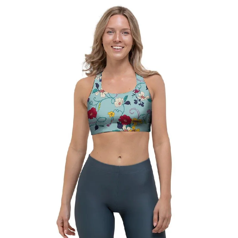 Floral Flower Print Sports Bra Push-Up Bra Set