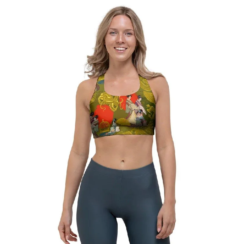 Geisha Japanese Dragon Print Sports Bra Chic Lace Underwear