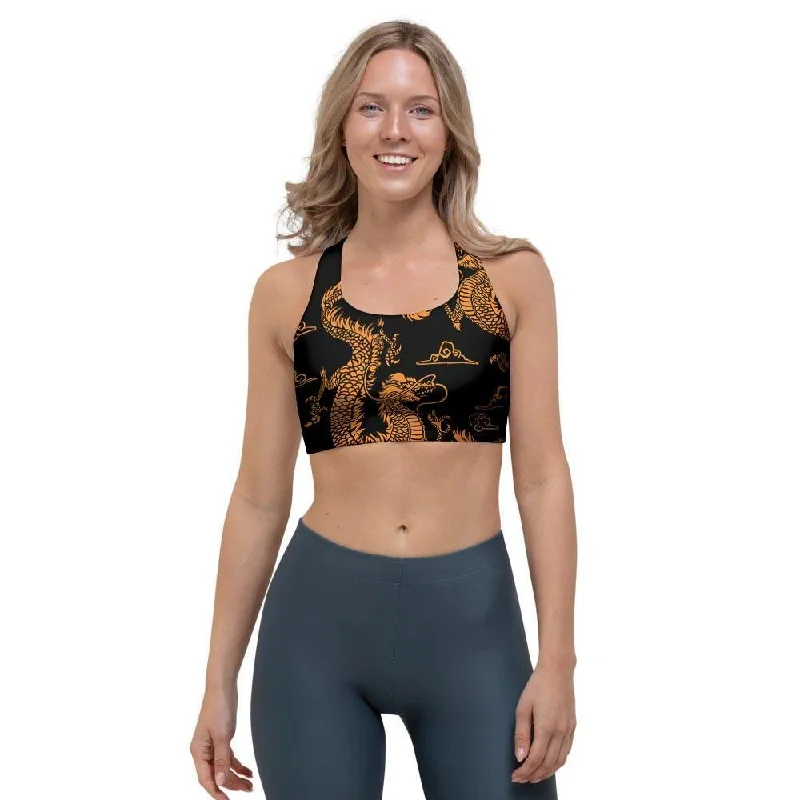 Gold Janpanese Dragon Print Sports Bra Sexy Mesh Bra