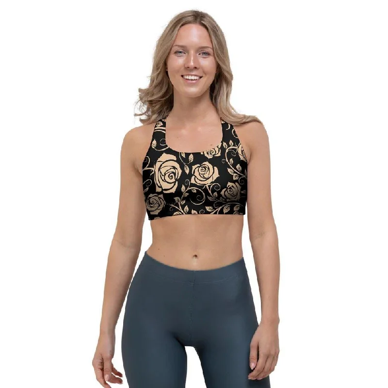 Gold Rose Floral Sports Bra Wireless Push-Up Bra