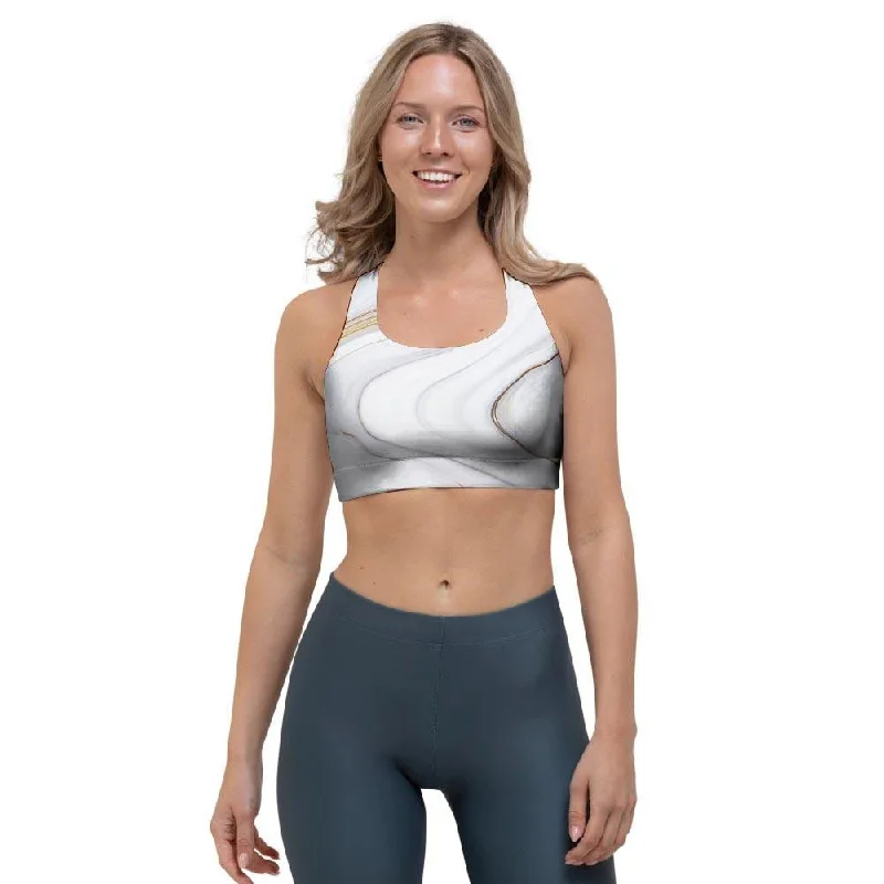 Gold White Marble Sports Bra Soft Stretch Bra