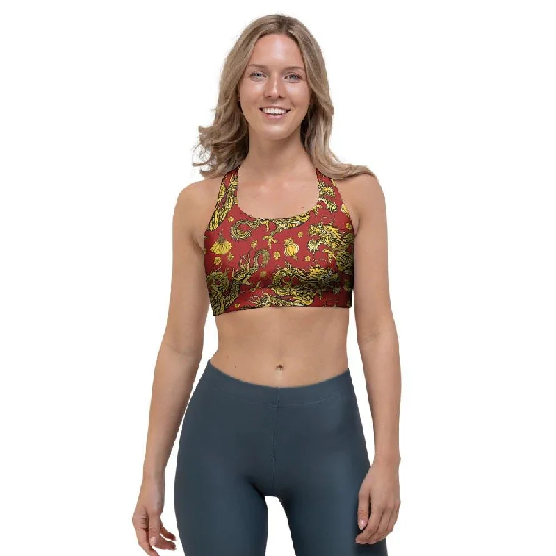Golden Chinese Dragon Floral Print Sports Bra Sleek Push-Up Bra