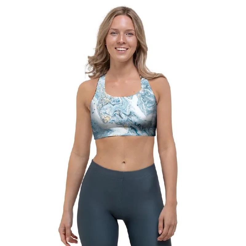 Golden Powder Blue Marble Sports Bra Ultra-Light Bra