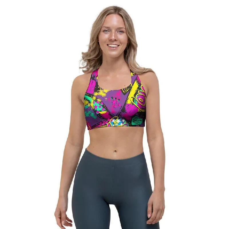 Graffiti Airbrush Love Print Sports Bra Sporty Compression Bra