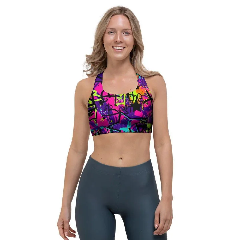 Graffiti Airbrush Print Sports Bra Lace-Trimmed Bra